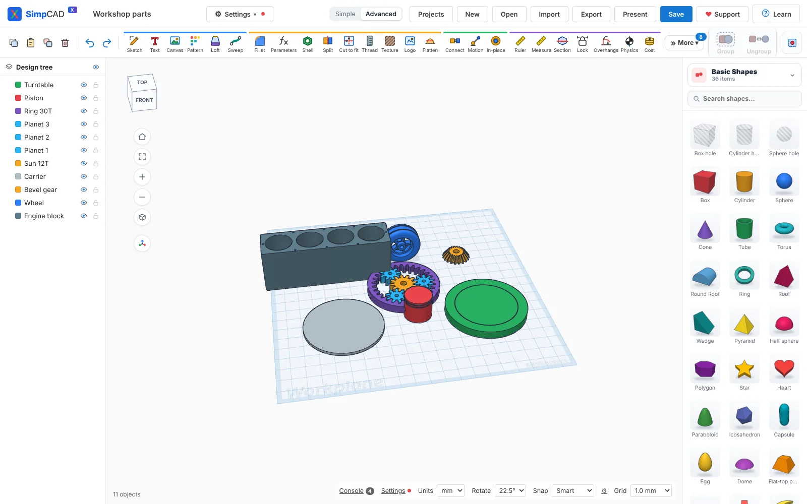 SimpCAD X with an engine block, wheel, gears and a turntable on the print bed