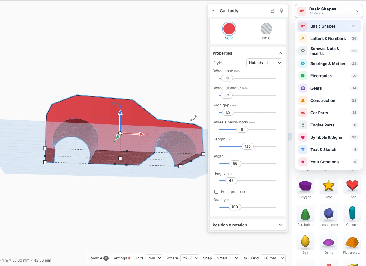 Shape library open on the categories list, with a car body selected