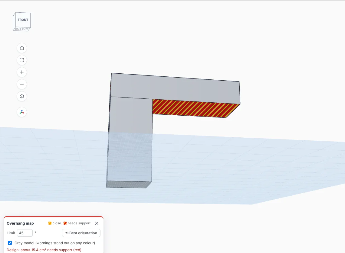 Overhang map showing the underside of an arm striped red and yellow