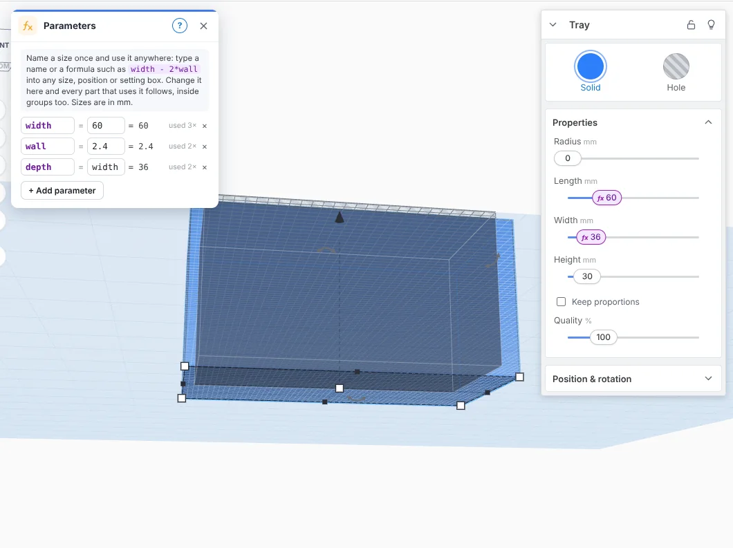 Parameters panel with width, wall and depth driving a tray and its pocket